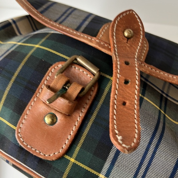 Ralph Lauren Vintage Tartan Plaid Blue Green Leather Brass Canvas Plaid Bag - Picture 10 of 15